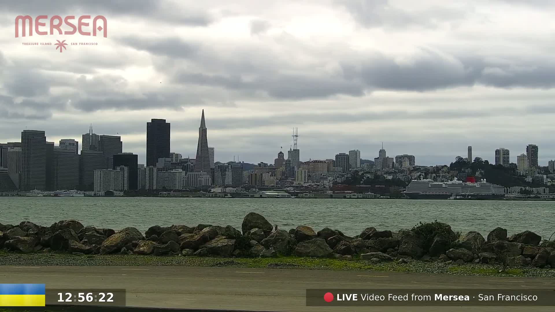 A large cruise ship is in the water off the coast of a city skyline under a cloudy sky.