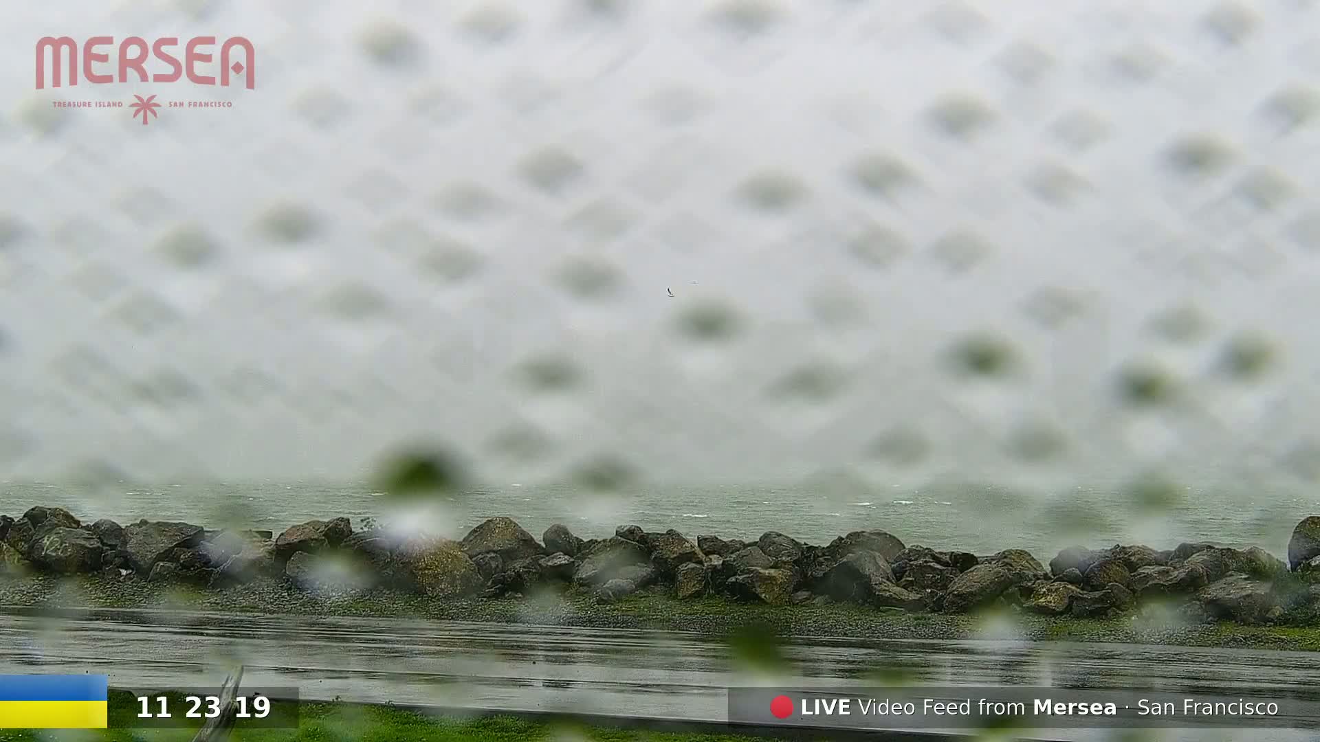 A rain-covered window shows a rocky shoreline and choppy water under an overcast sky.