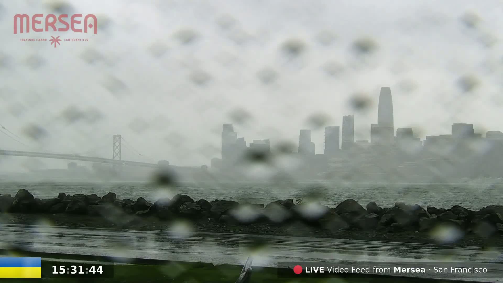 A rain-blurred view of the San Francisco skyline and a bridge across a body of water, seen from a shoreline with dark rocks.