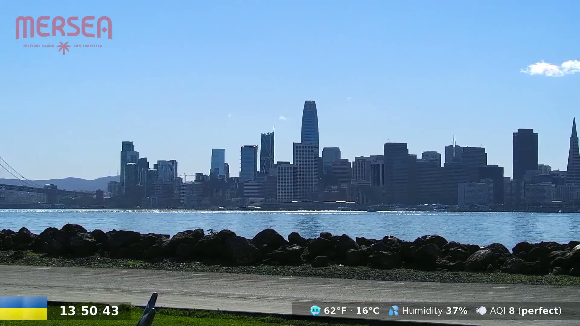 A San Francisco city skyline is visible across a body of water on a sunny day, with a rocky shoreline in the foreground.