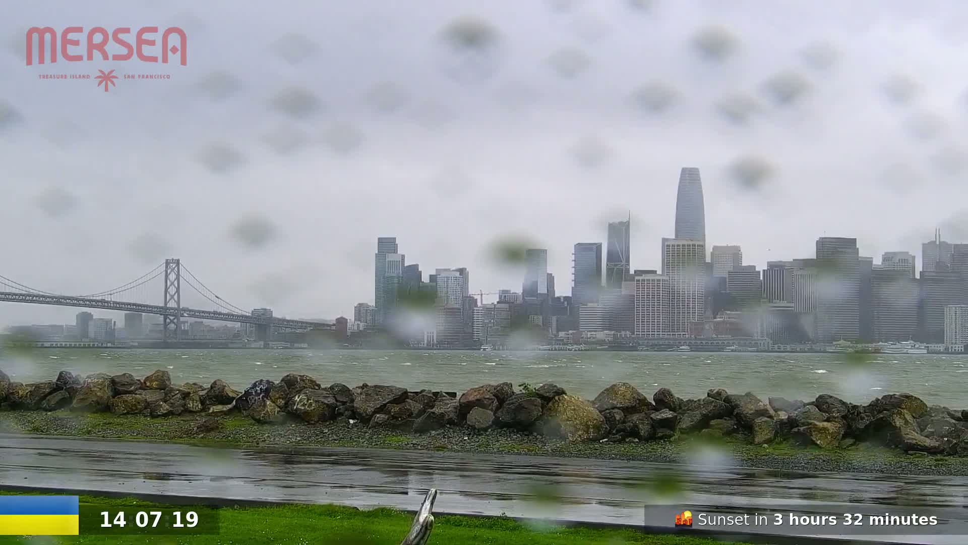 A rain-covered view of the San Francisco skyline across a body of water, with a bridge visible in the distance.
