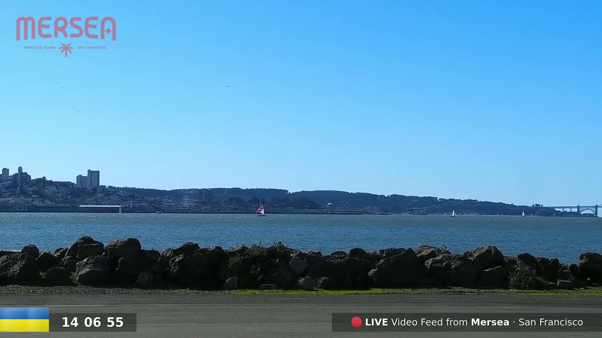 A clear, sunny day shows a body of water with a distant cityscape, a few sailboats, and a rocky shoreline in the foreground.