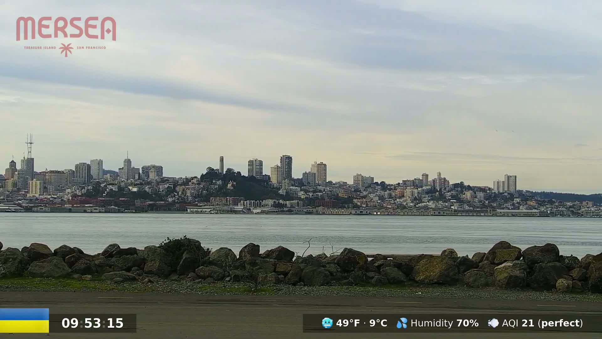 A city skyline is visible across a calm body of water, under a cloudy sky.
