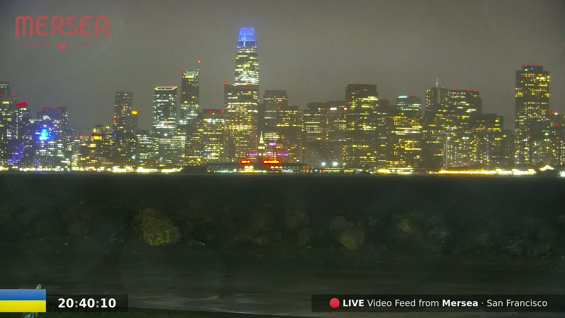 A brightly lit city skyline is visible across a body of water on a foggy, nighttime.