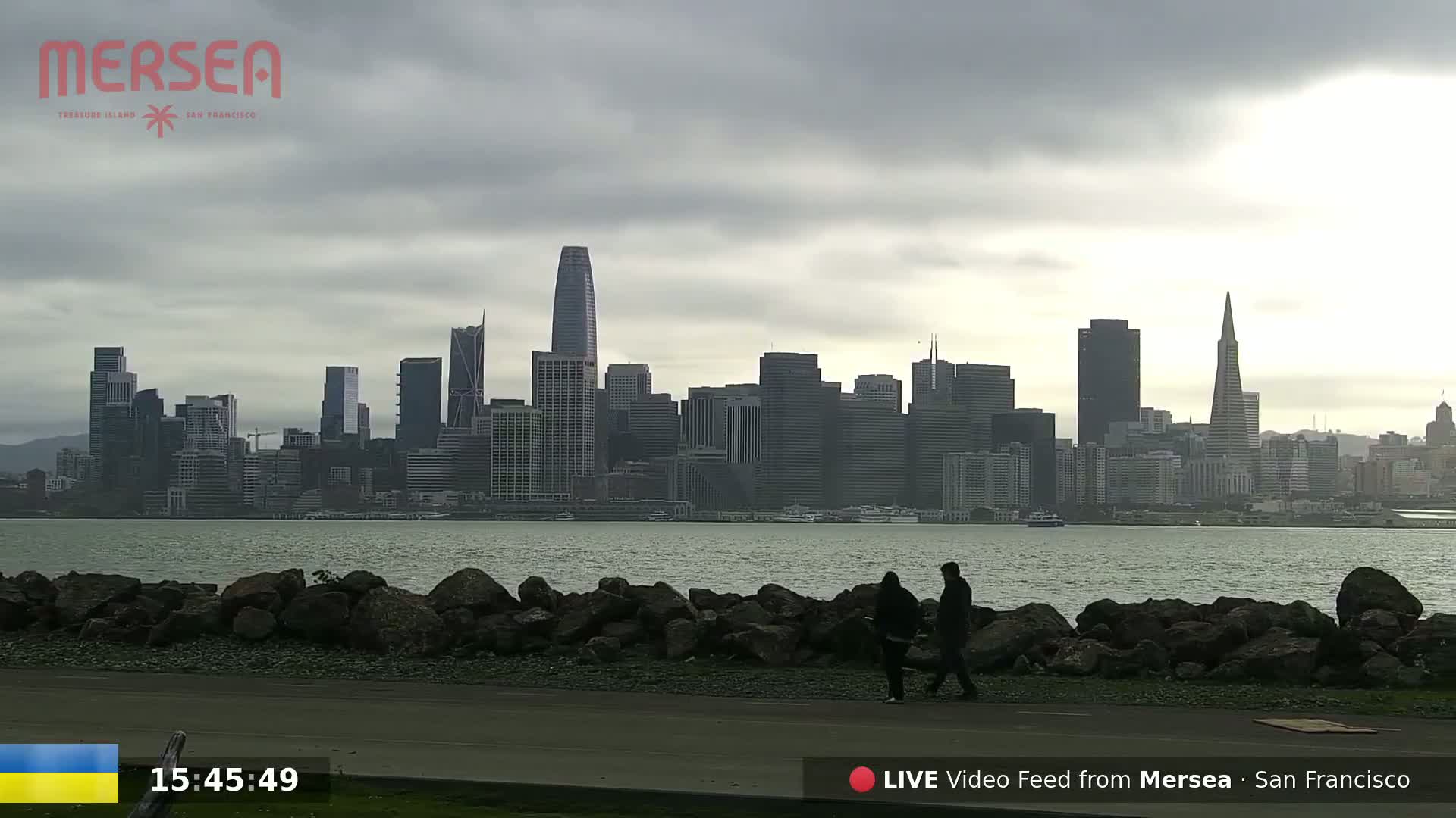 Two people walk along a rocky shoreline, with a view of the San Francisco skyline under an overcast sky.