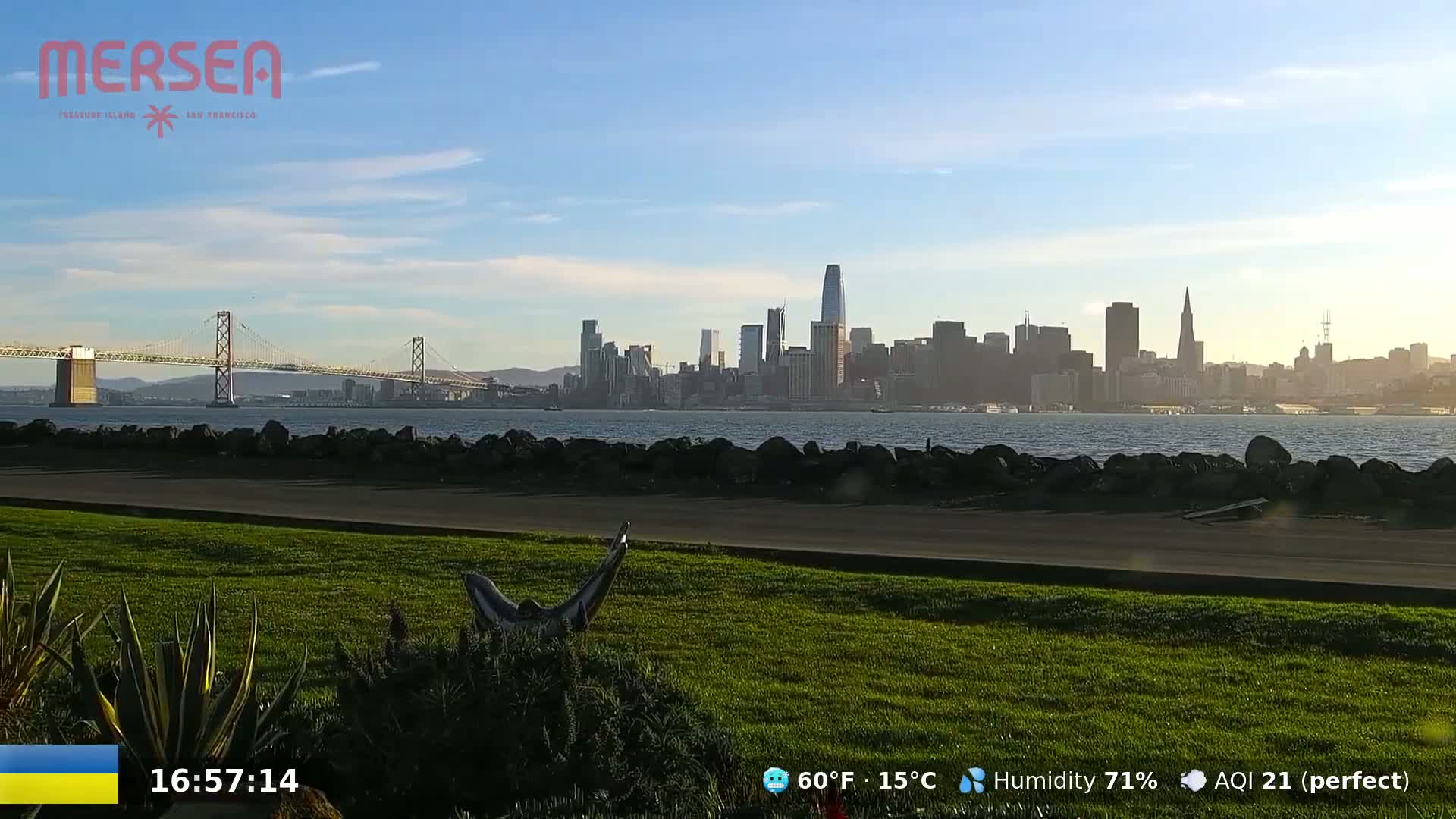 A grassy area with a paved path overlooks a calm body of water, a suspension bridge, and the San Francisco skyline under a mostly clear, sunny sky.
