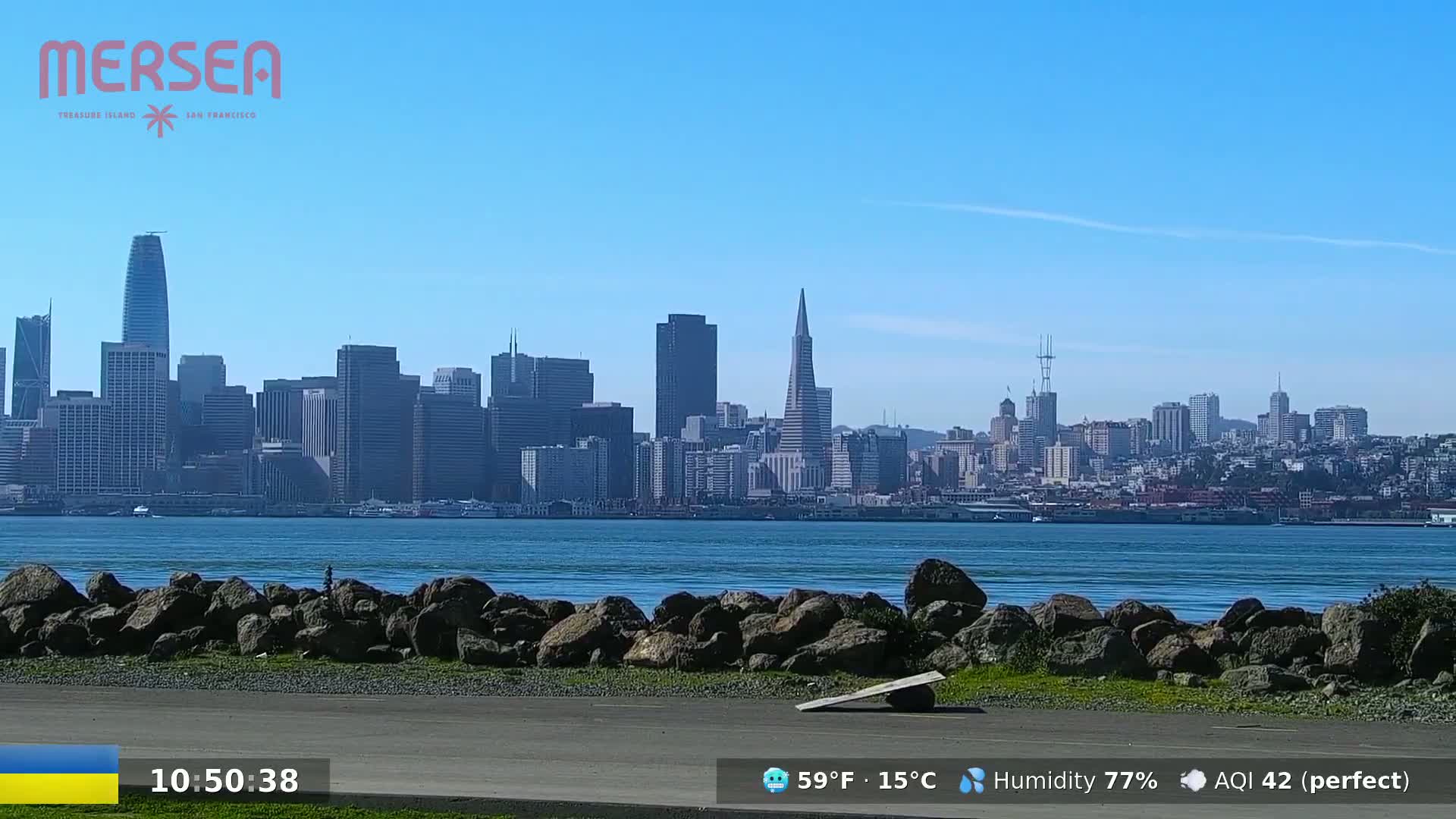 A waterfront view of the San Francisco skyline on a clear, sunny day with a calm body of water in the foreground.