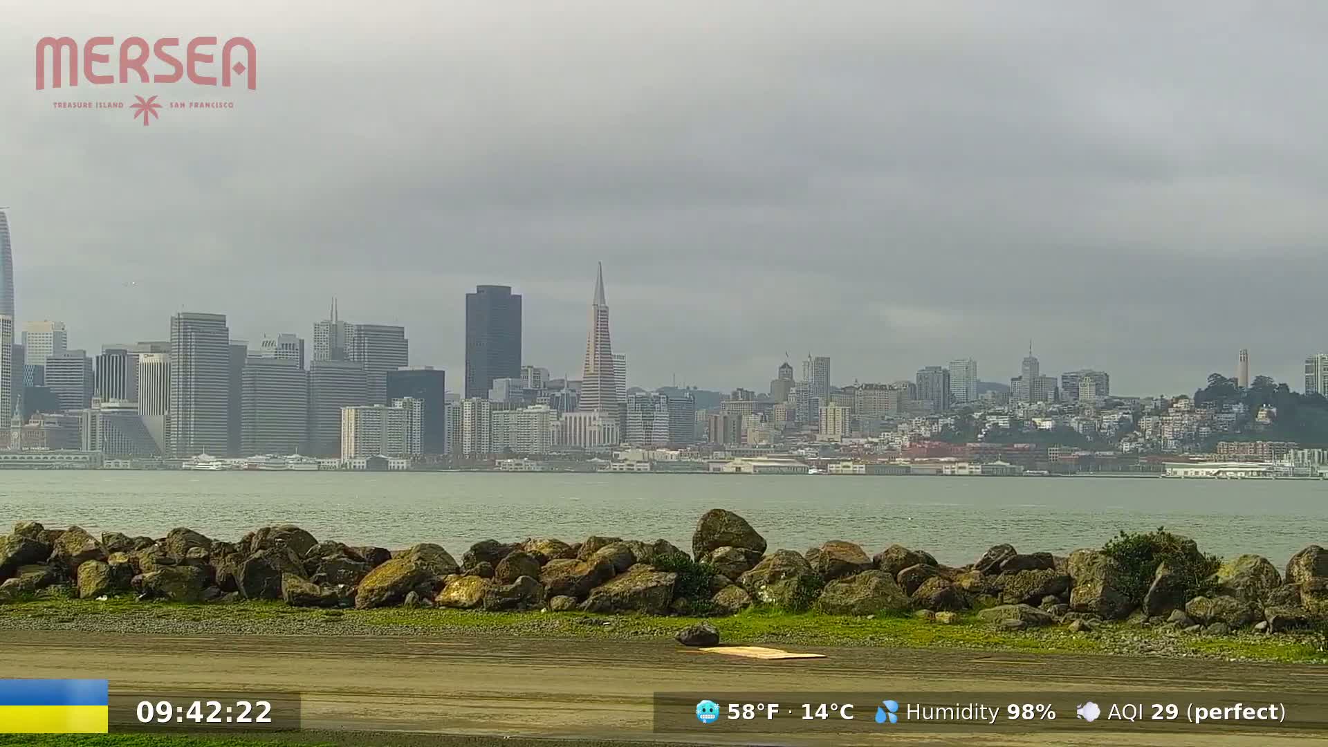 A San Francisco cityscape is visible across a body of water on an overcast day, viewed from a rocky shoreline.