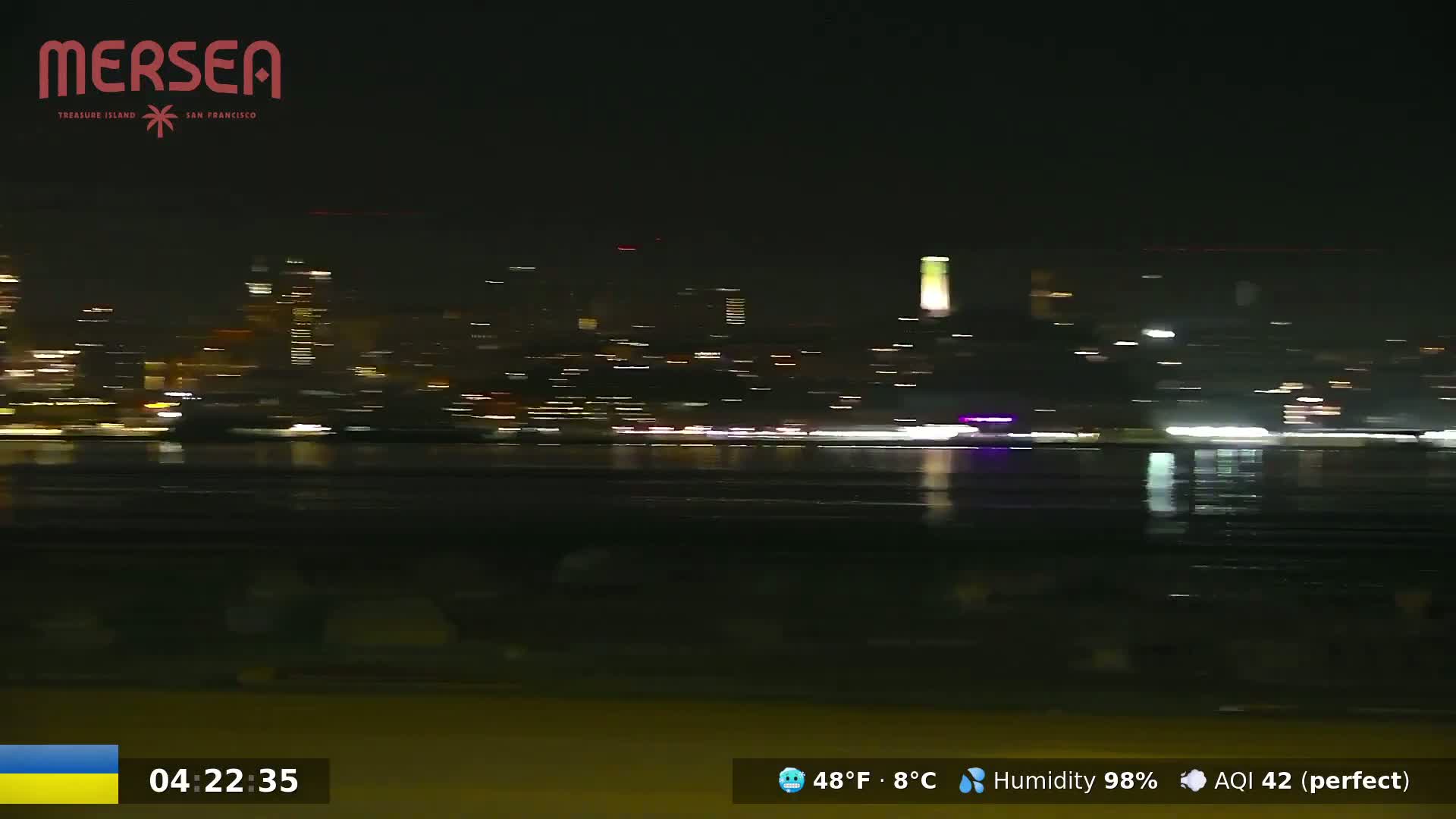A nighttime view of a city skyline across a body of water, with high humidity.