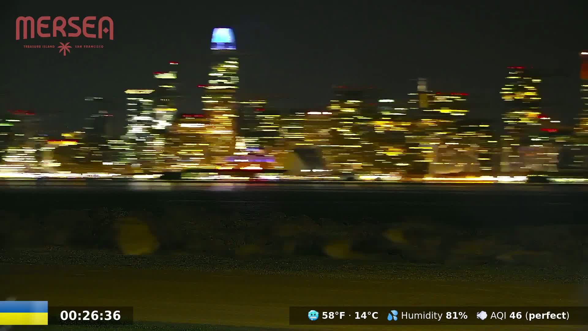 A blurry, nighttime view of a brightly lit city skyline across a body of water, under conditions of 58°F (14°C) and 81% humidity.