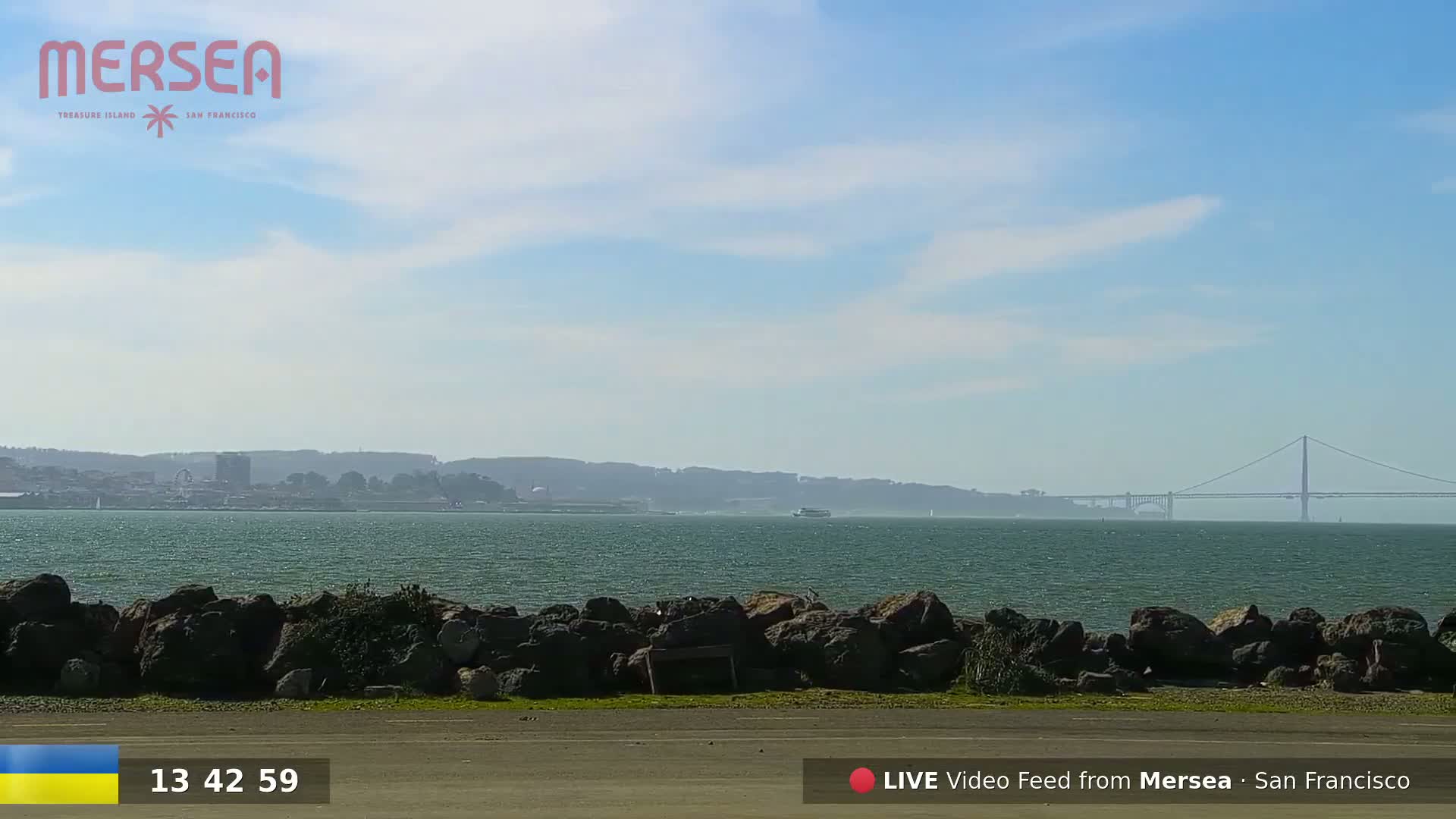 A body of water with a distant bridge and hazy hills under a mostly clear sky is viewed from a rocky shoreline.