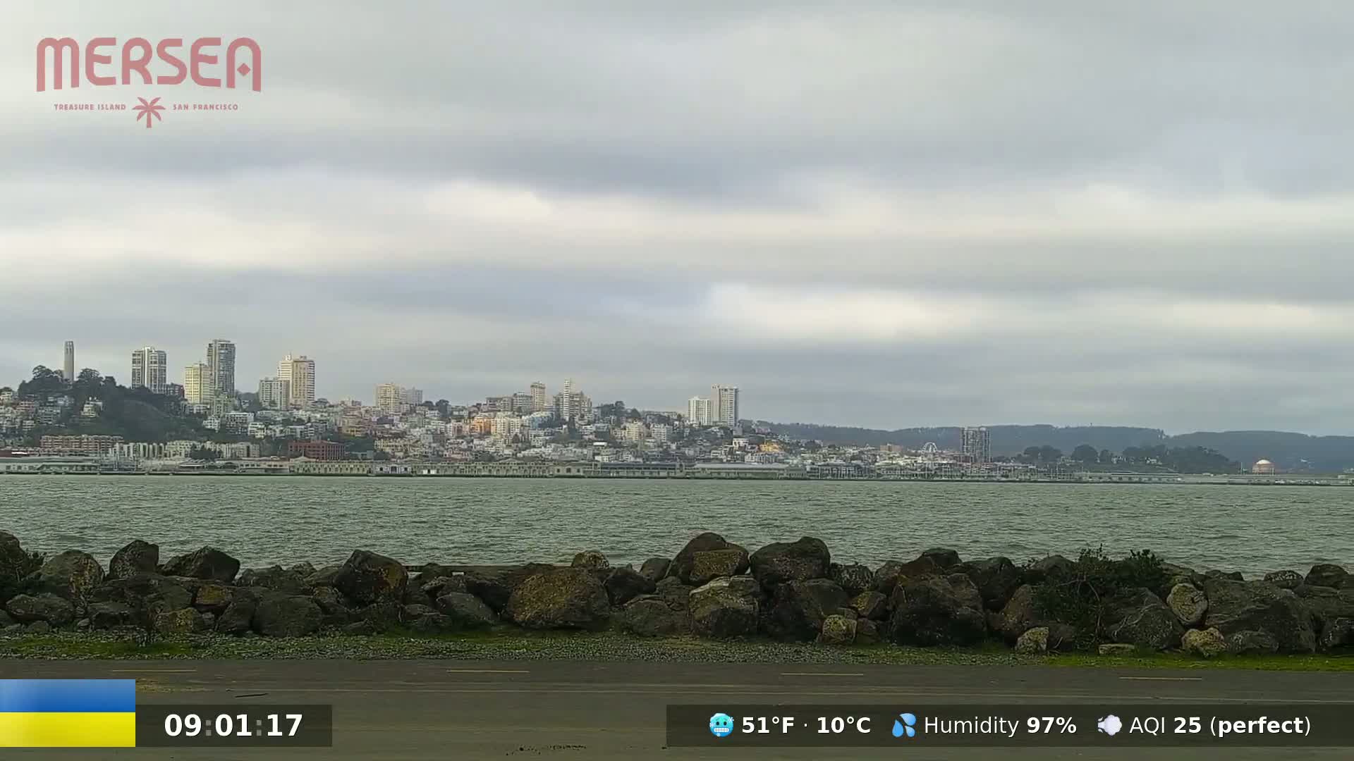 A city skyline is visible across a calm body of water under a cloudy sky.