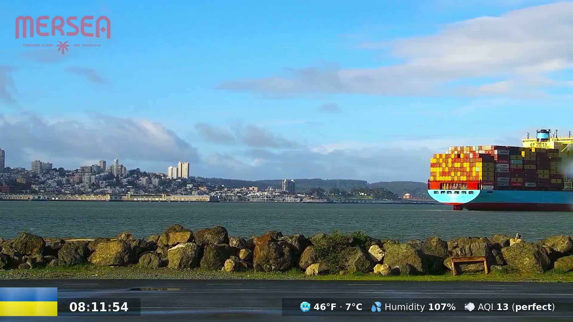 A large container ship is in the bay near a city skyline under a partly cloudy blue sky.