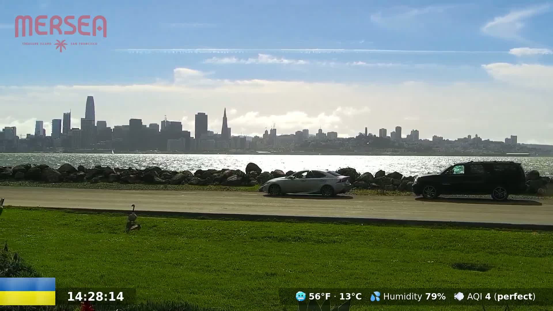 A city skyline is visible across a body of water from a grassy area with two cars parked alongside a road under a partly sunny sky.