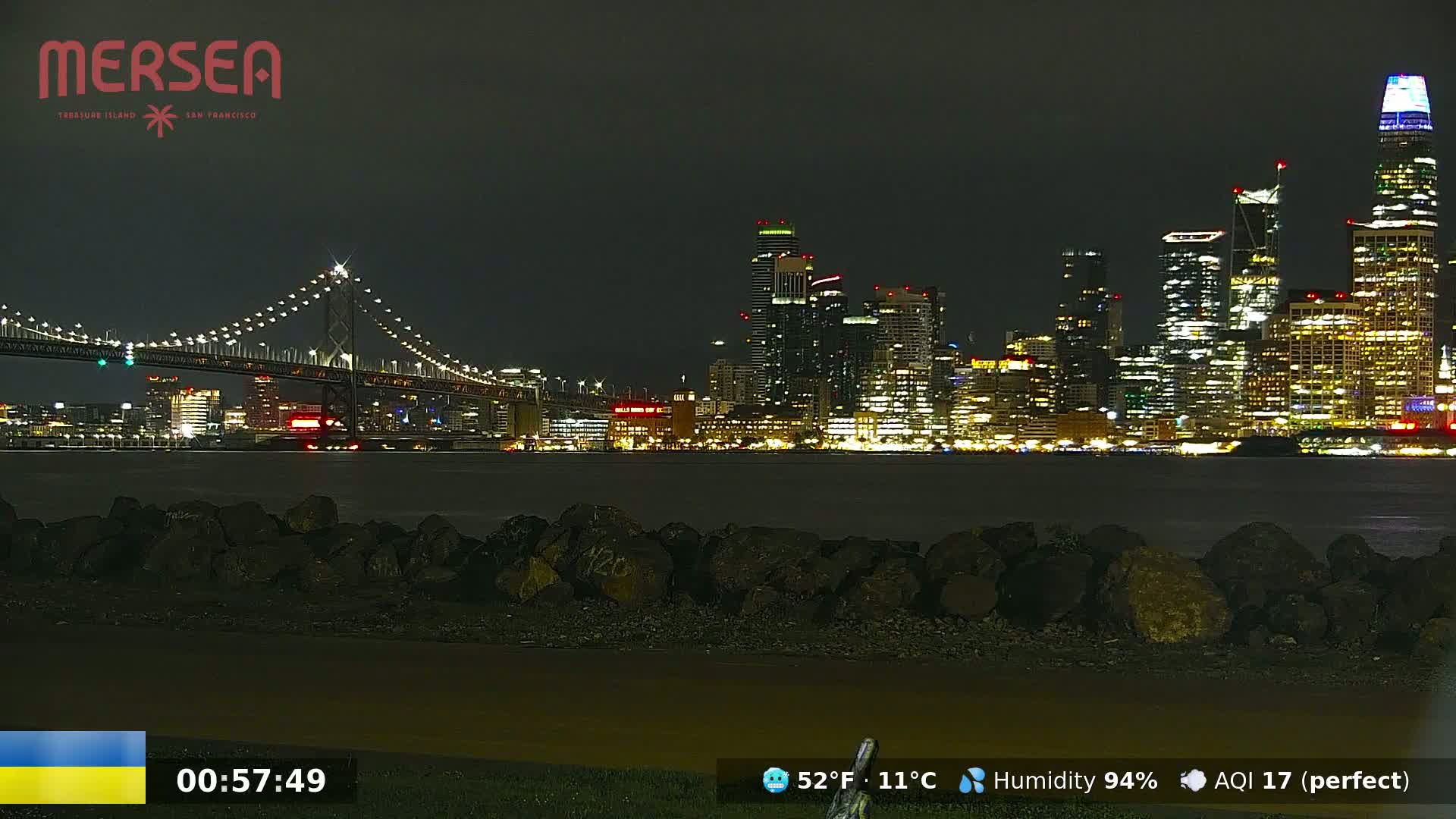A nighttime view of a city skyline illuminated across a body of water, with a bridge in the foreground under a dark sky.