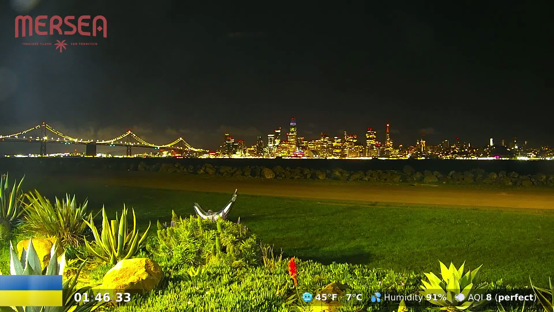 A nighttime view of a city skyline illuminated across a body of water, with a bridge in the foreground and lush green landscaping in the immediate foreground.