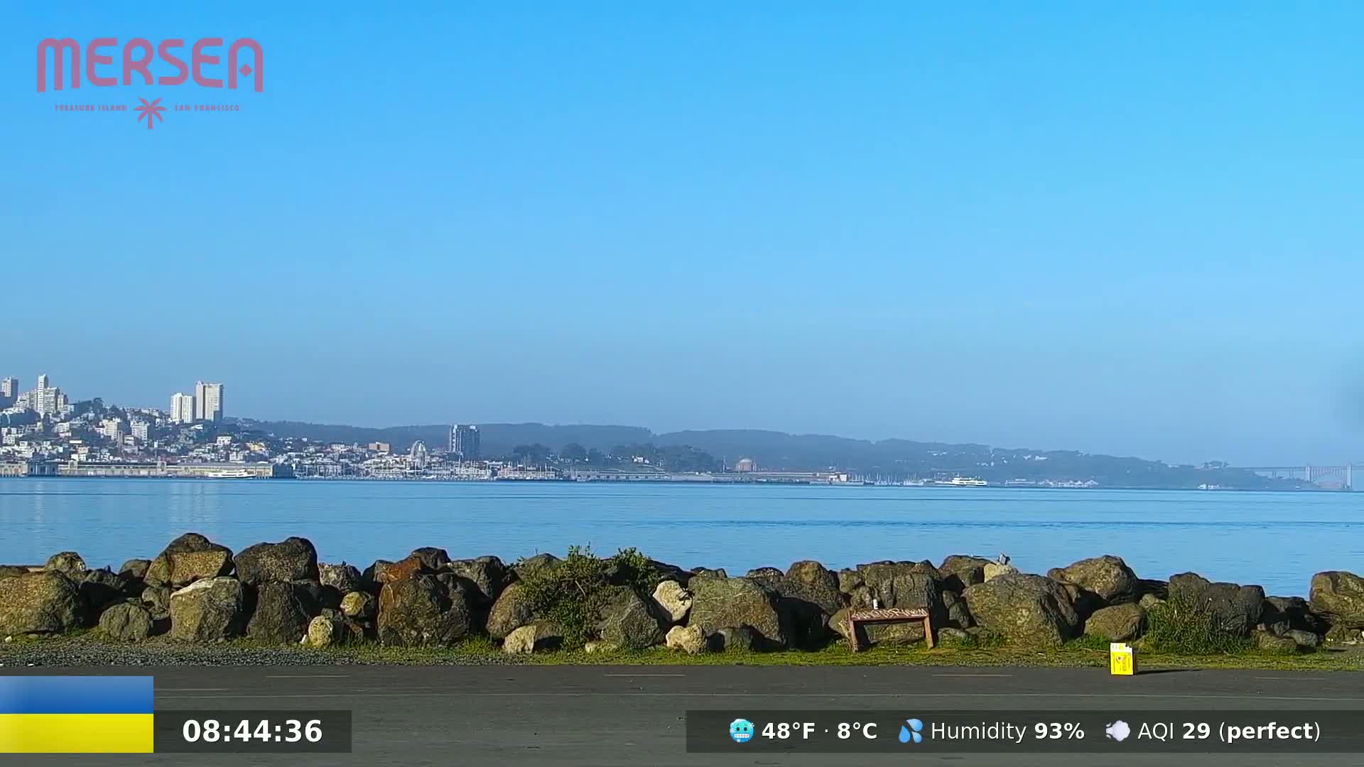 A clear, sunny day shows a city skyline across a calm body of water, with a rocky shoreline in the foreground.