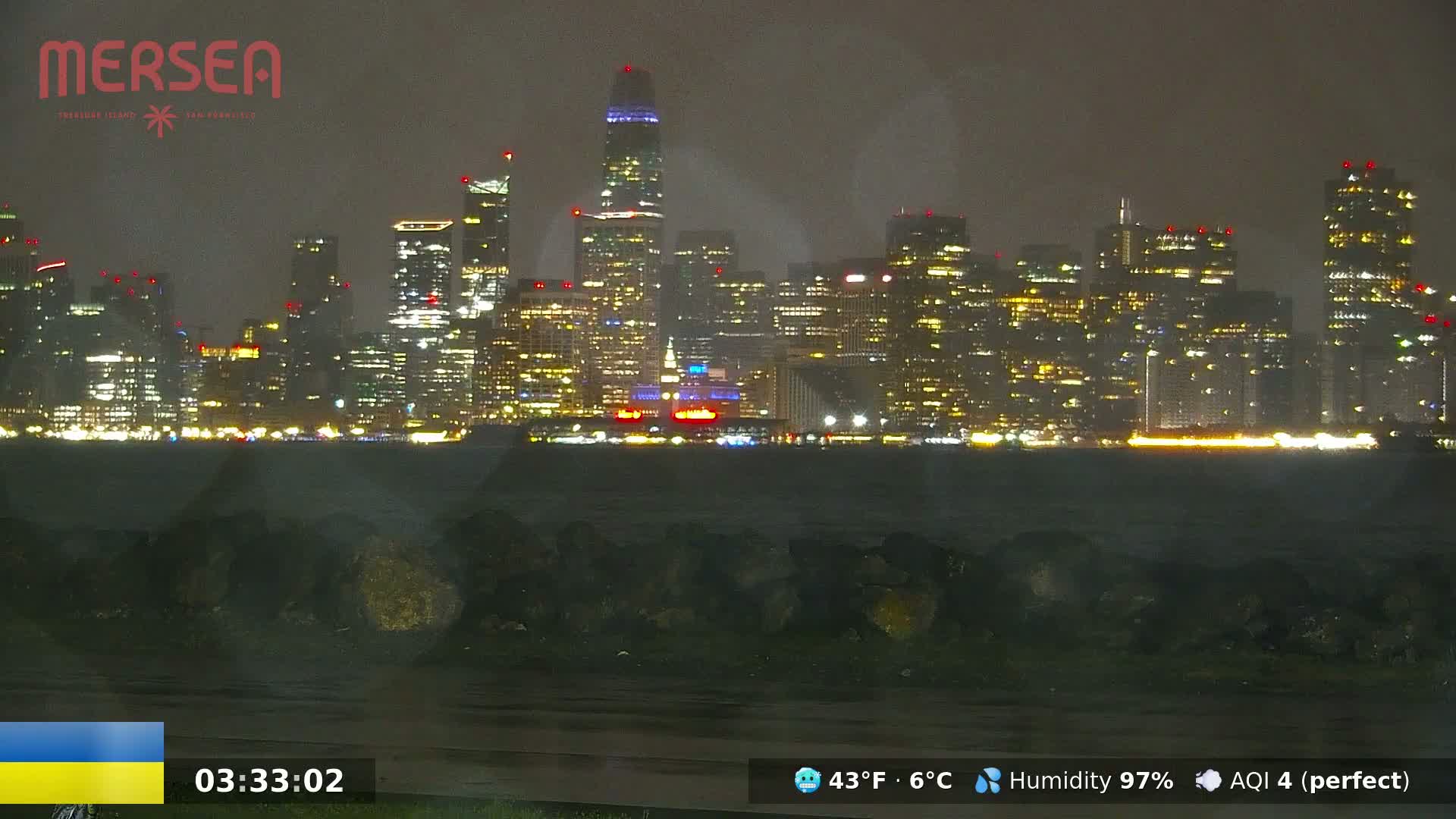 A nighttime view of a city skyline illuminated by lights, seen across a body of water under rainy conditions.
