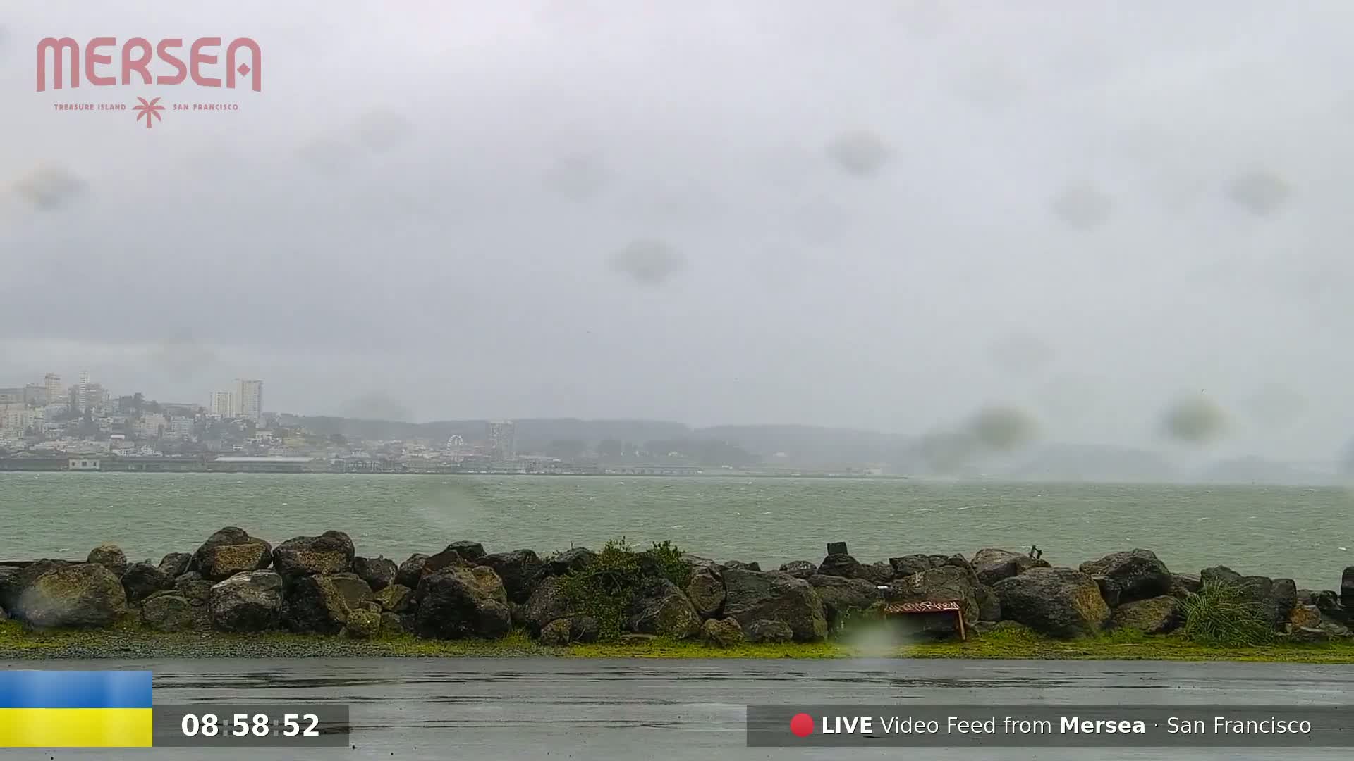 A rainy day shows a rocky shoreline with a city skyline visible across a choppy body of water.