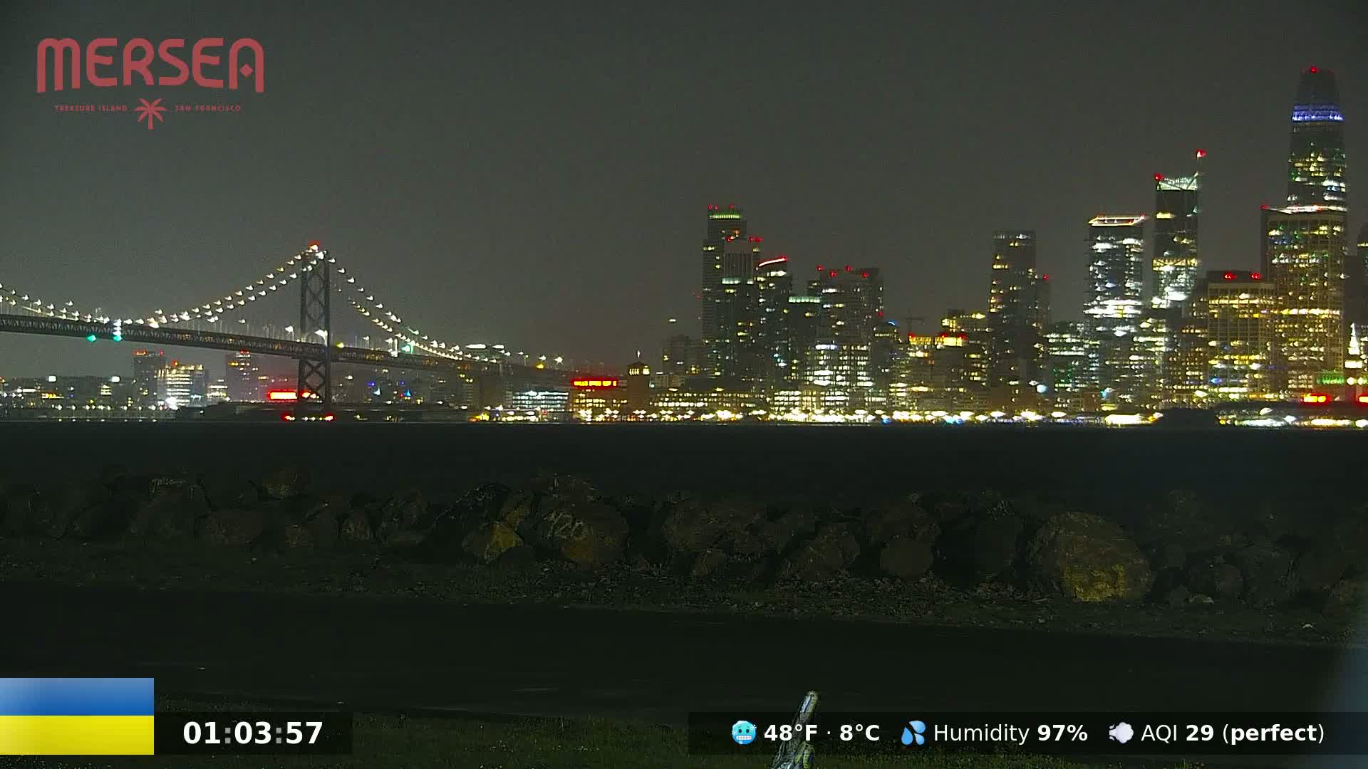 A nighttime view of a city skyline illuminated with lights across a body of water, featuring a bridge in the foreground under a dark, humid sky.