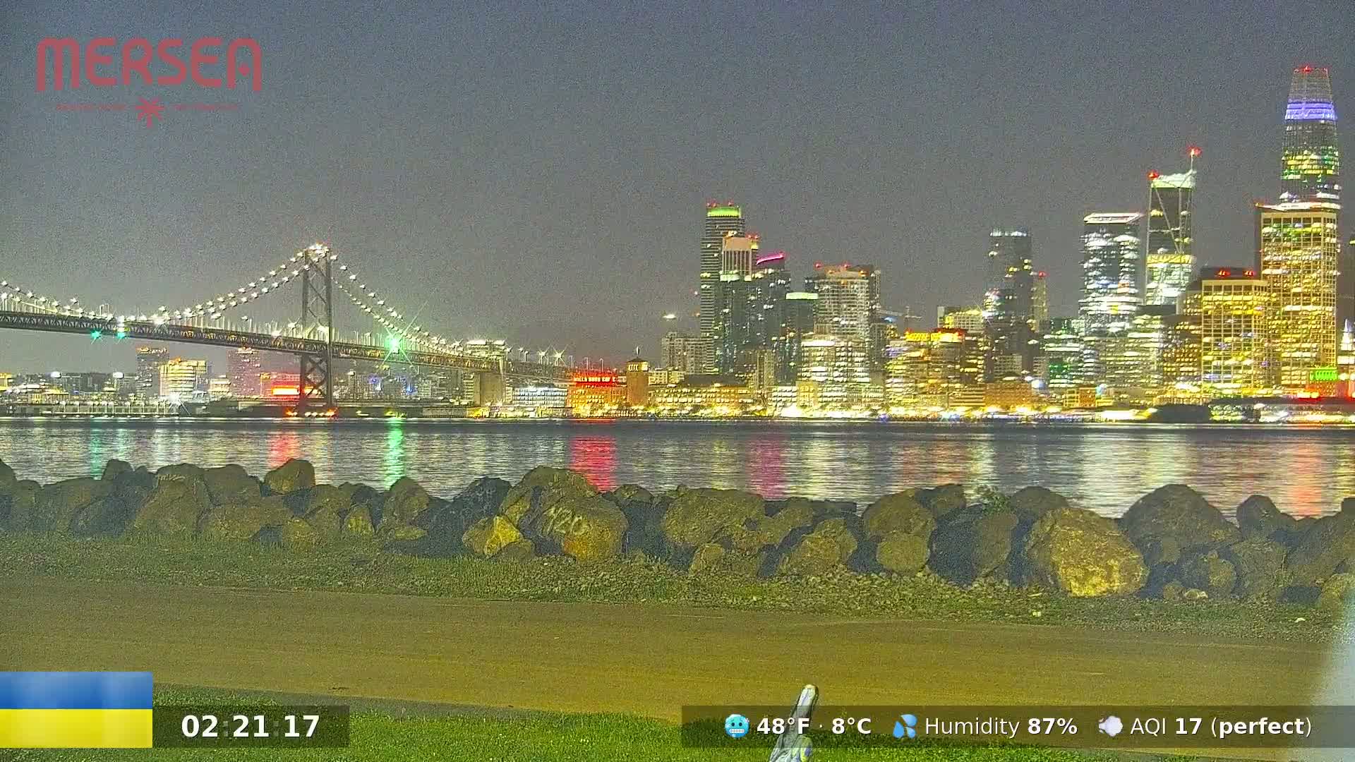A nighttime view of a city skyline across a body of water, with a suspension bridge in the foreground under a dark, humid sky.