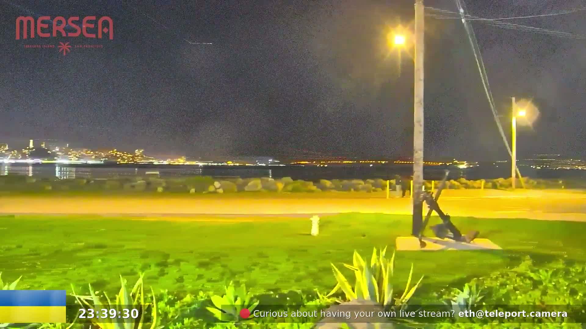 At night, a city skyline is visible across a body of water from a grassy area where an anchor is situated near a lamppost.