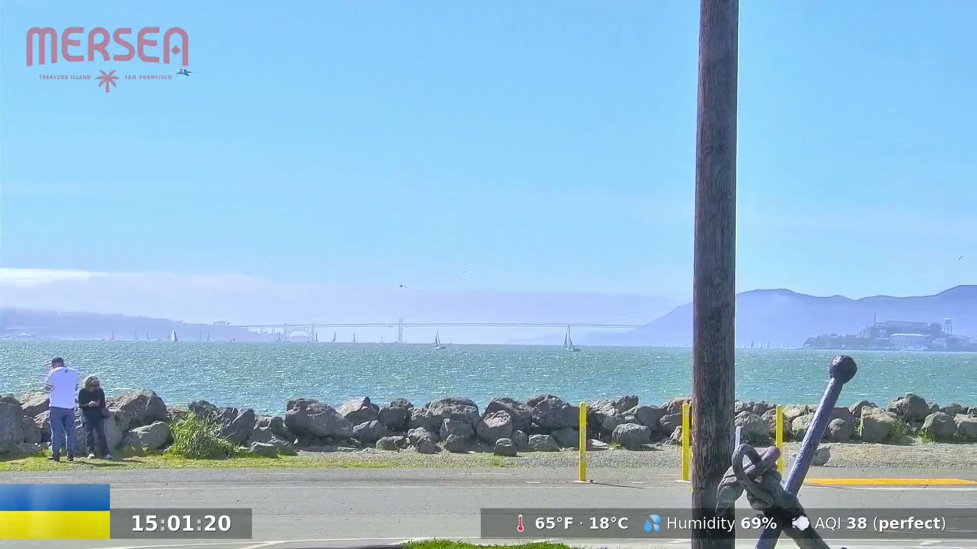 Two people stand near a rocky shoreline overlooking a calm bay with sailboats and a distant bridge under a clear, sunny sky.
