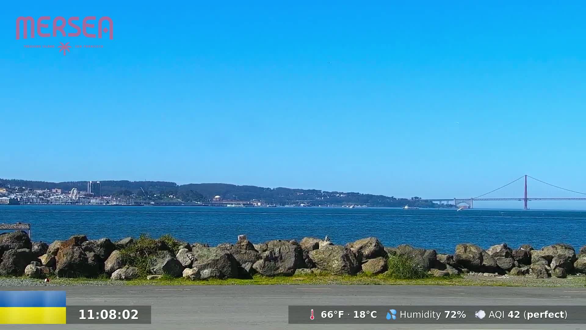 A sunny day reveals a view of a body of water, a rocky shoreline, and a distant cityscape featuring a suspension bridge.