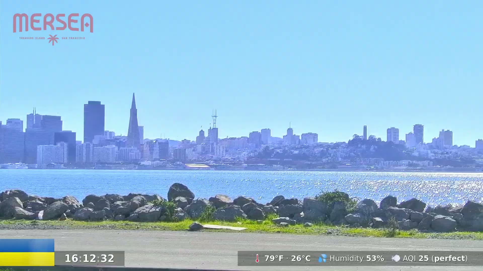 A sunny cityscape is visible across a calm body of water from a rocky shoreline.