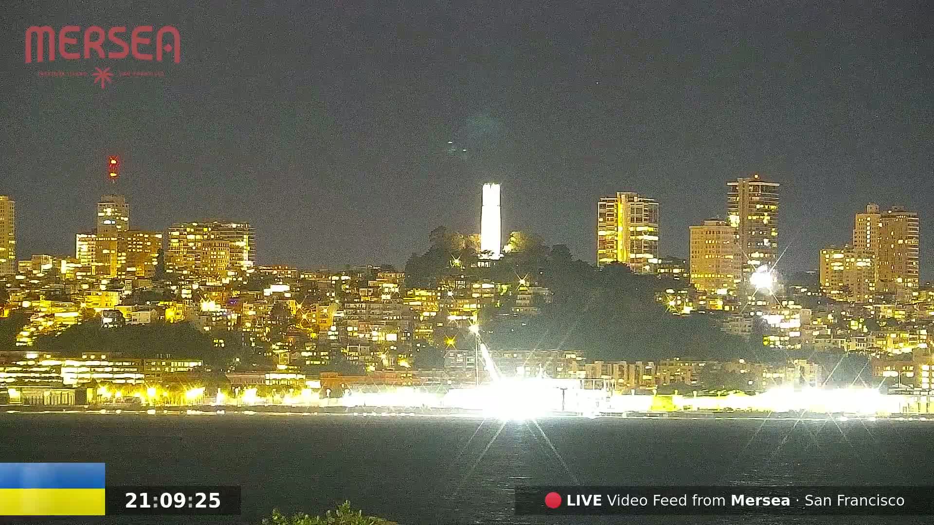 A nighttime view of a city skyline illuminated with many lights across a hill, including a tall, slender tower, overlooking dark water.