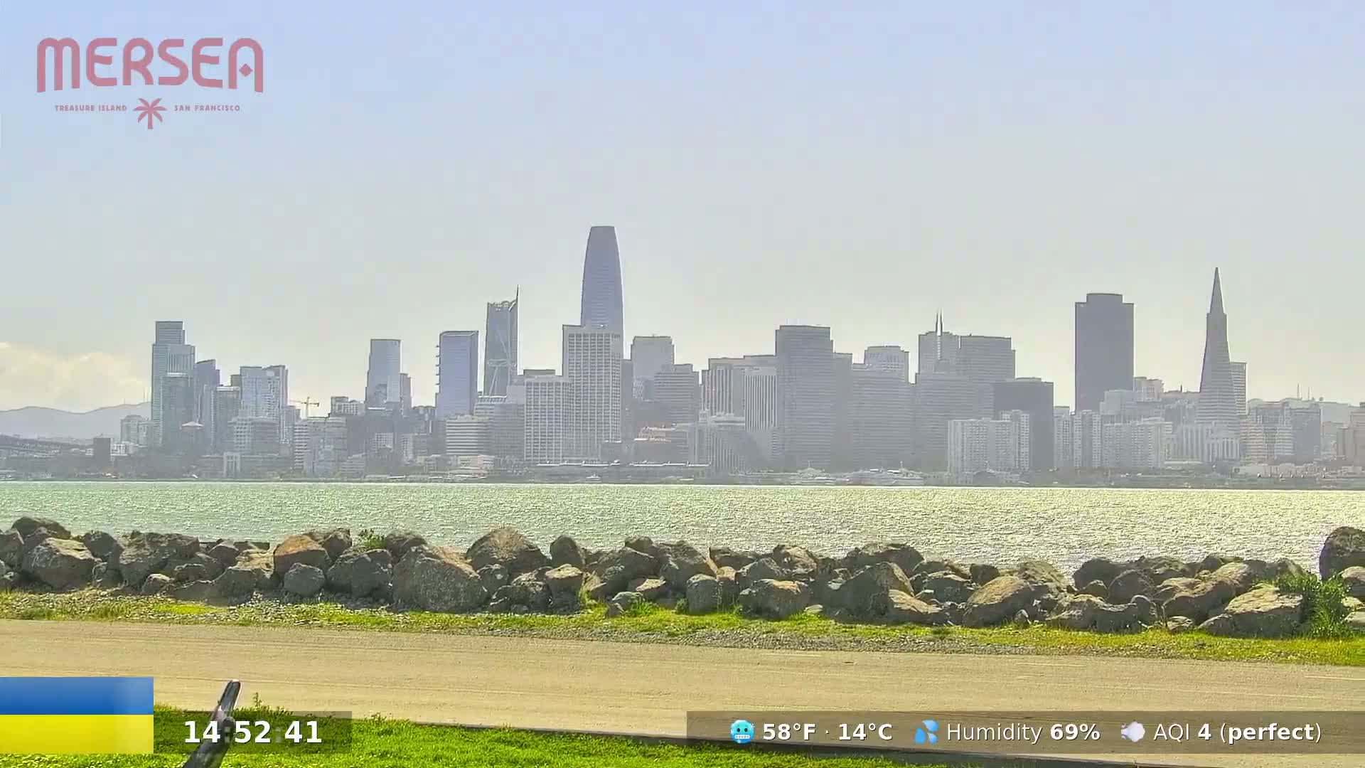 A sunny cityscape, possibly San Francisco, is seen across a body of water from a rocky shoreline with a grassy area.