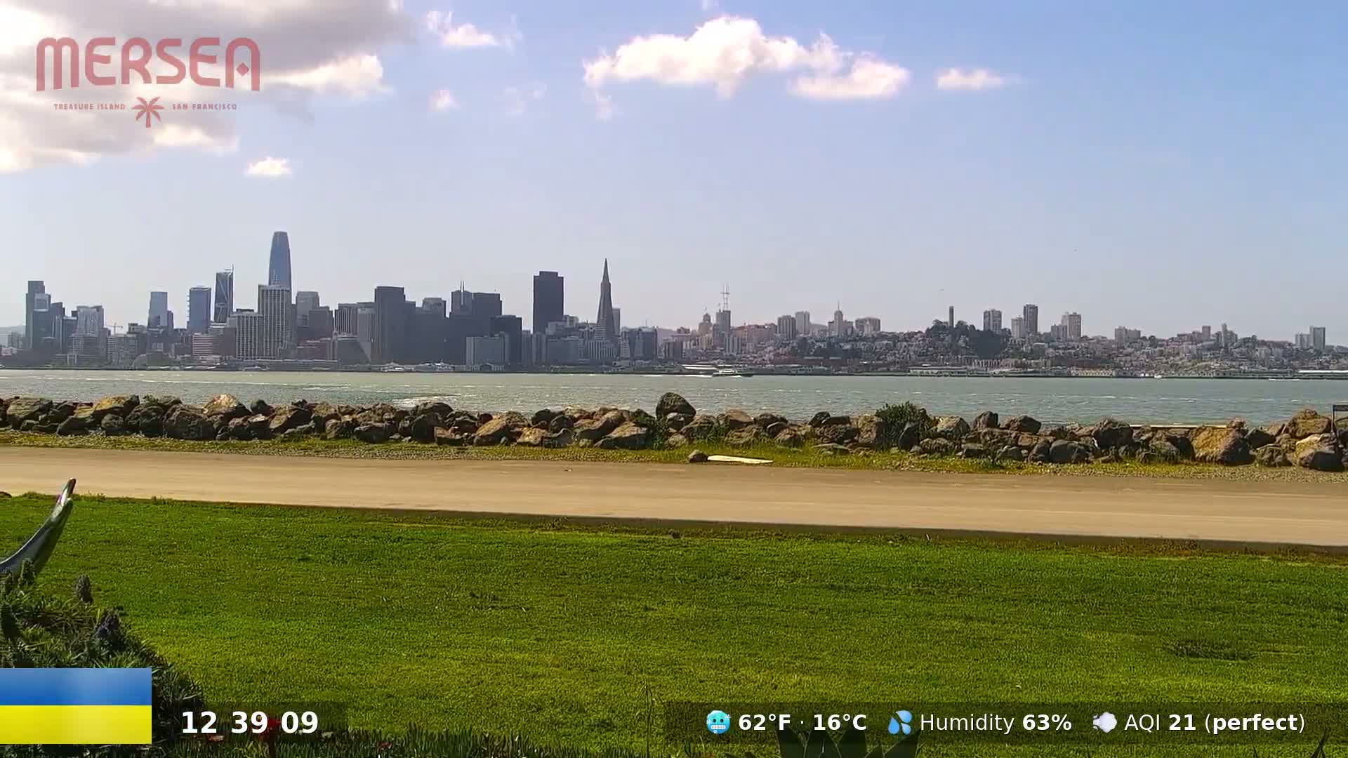 A grassy area overlooks a calm body of water with the San Francisco skyline visible in the distance under a partly cloudy sky.
