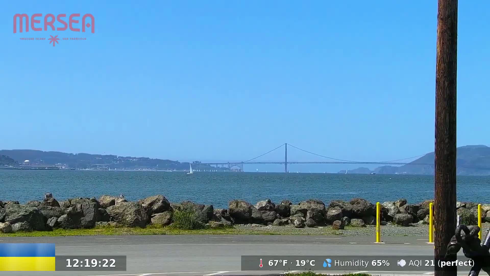 A calm body of water with a suspension bridge in the distance under a clear blue sky, partially obscured by a rocky shoreline in the foreground.