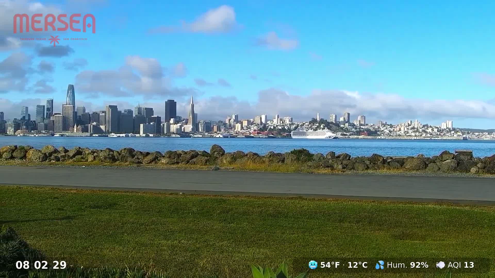 A grassy area with a paved path overlooks a calm body of water, beyond which the San Francisco skyline is visible under a partly cloudy, sunny sky.