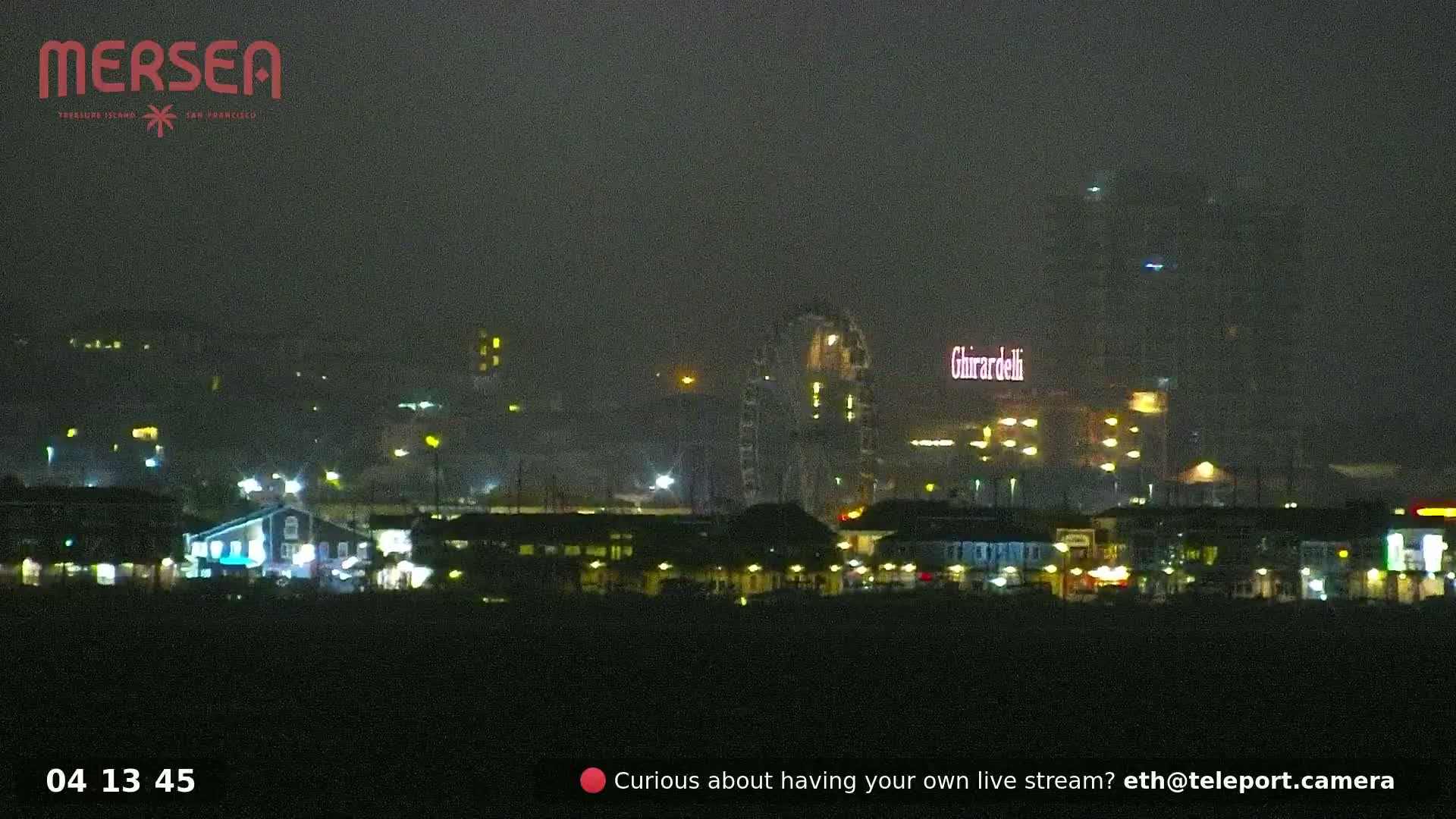 A nighttime, hazy view of a city skyline featuring a Ferris wheel and illuminated buildings.
