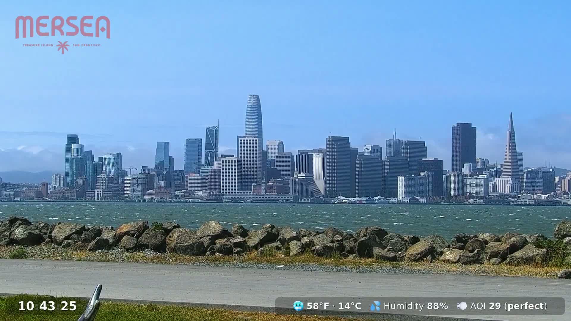 A city skyline is visible across a body of water on a sunny day with a humidity of 88%.