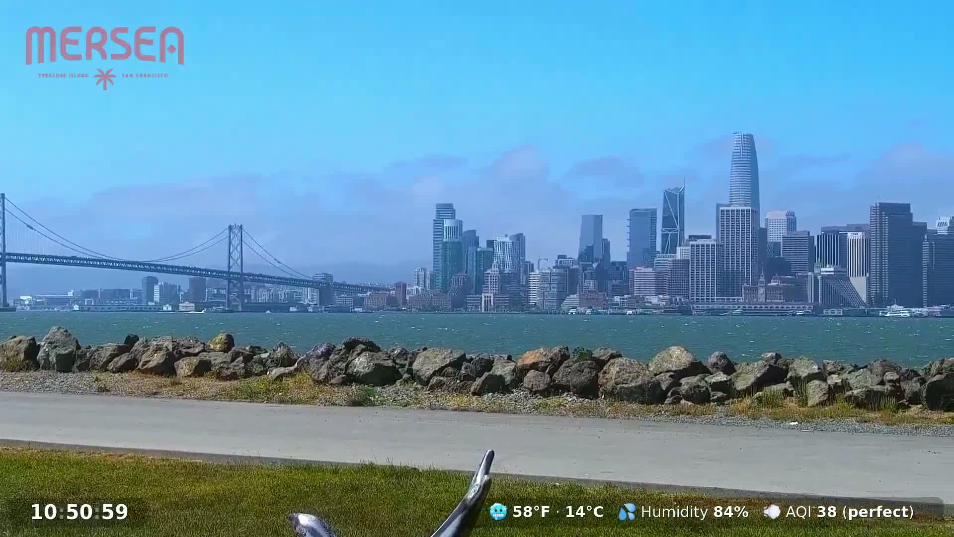 A city skyline is visible across a body of water from a rocky shoreline on a sunny day with a bridge in the background.