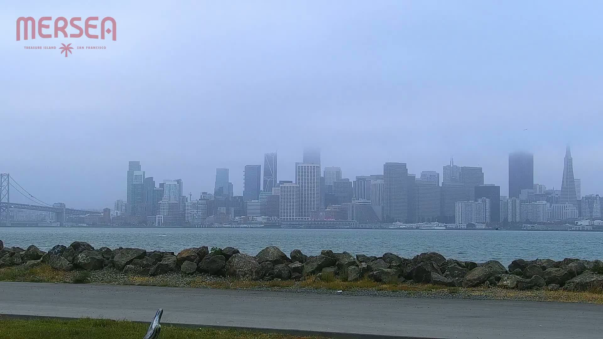 A hazy, foggy cityscape is seen across a body of water from a rocky shoreline.