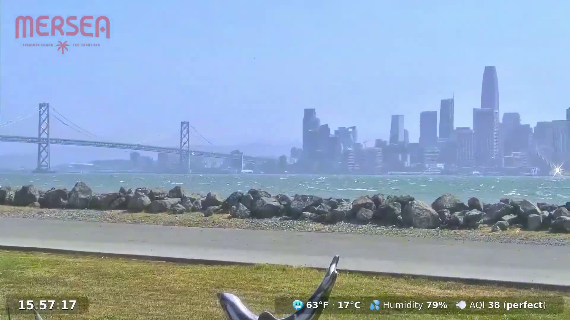 A hazy view of the San Francisco skyline and a bridge across a windy body of water, seen from a grassy area with rocks and a paved path.