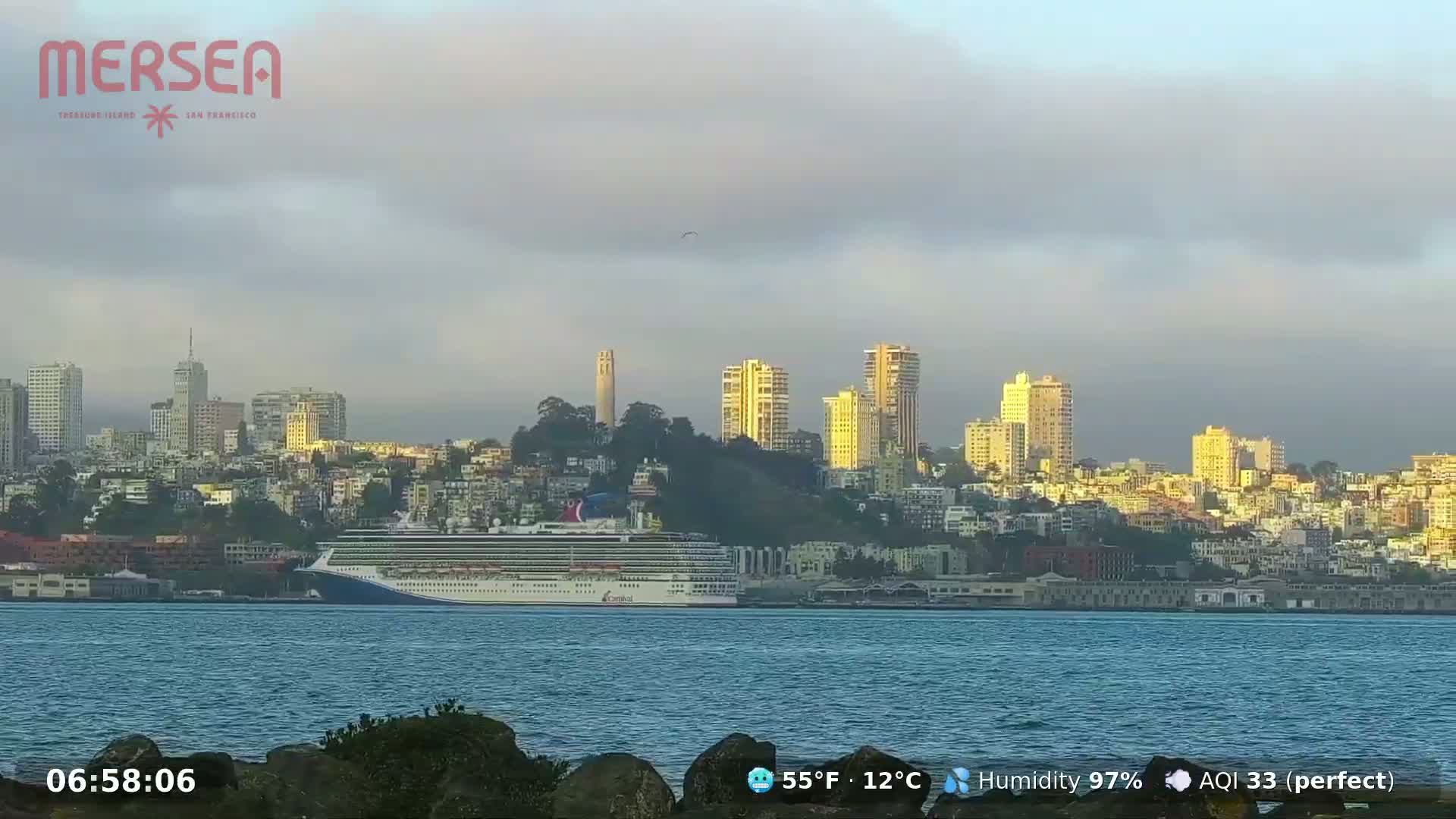 A large cruise ship is docked in a bay in front of a city skyline under a cloudy, but somewhat bright sky.