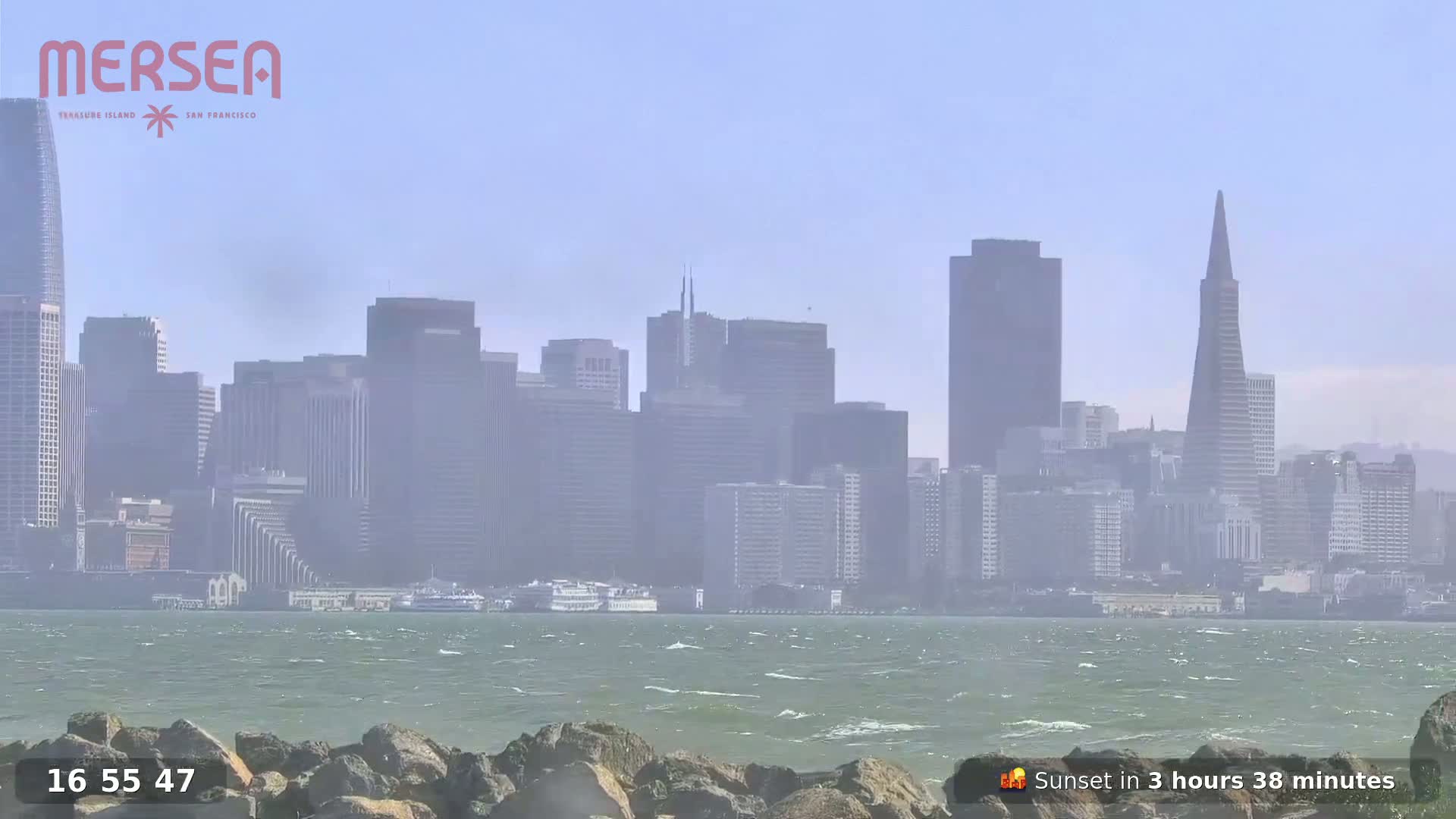 A rain-covered San Francisco skyline is visible across the water from a grassy area with a bridge in the foreground.