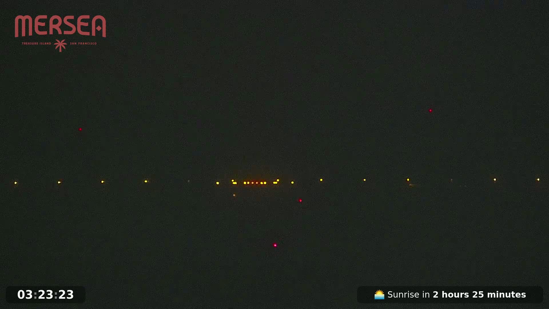 A nighttime, dark scene shows a line of yellow lights in the distance, with several red lights scattered around.