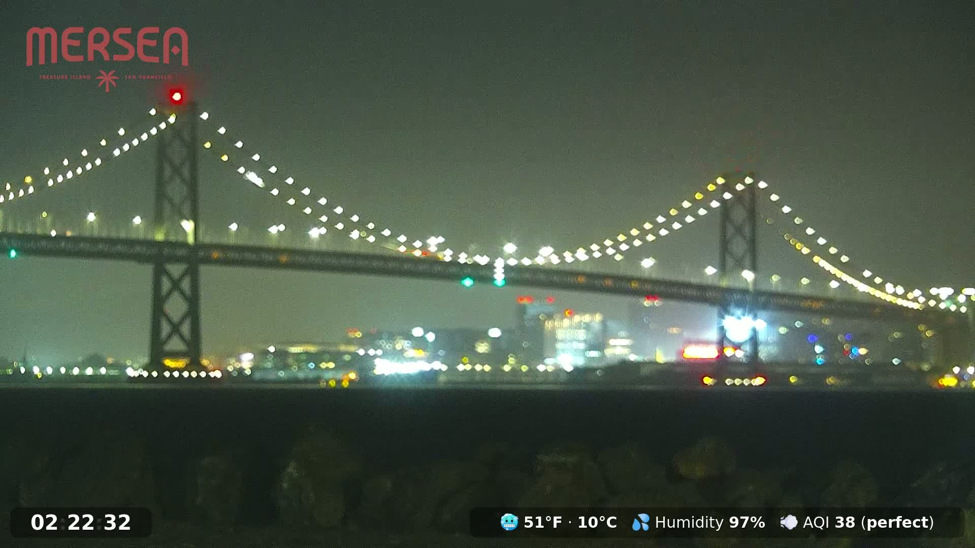 A brightly lit suspension bridge spans a body of water at night, with a city skyline visible in the background under a dark, humid sky.