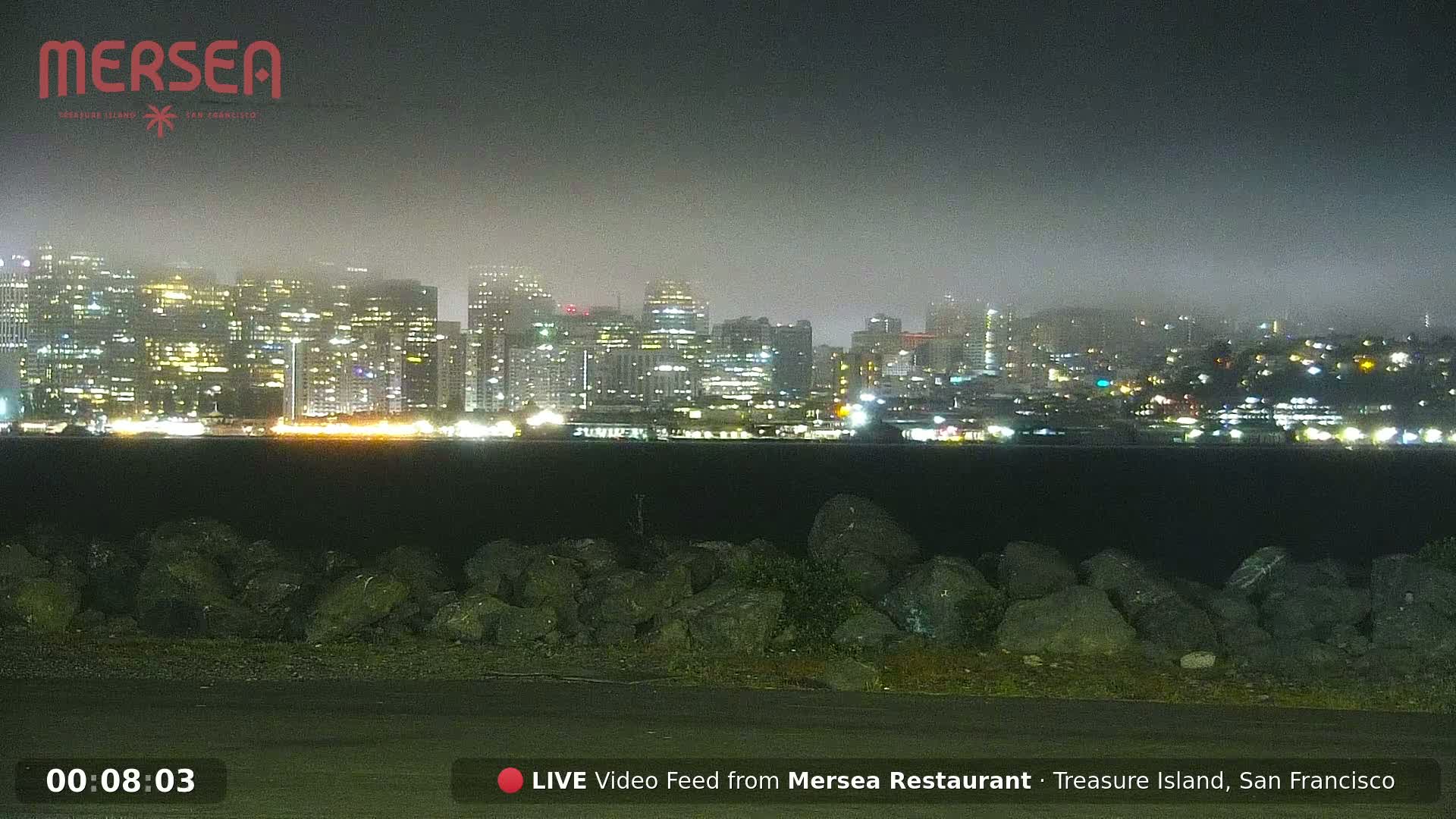 A foggy night cityscape of illuminated buildings across a body of water, viewed from a rocky shoreline.