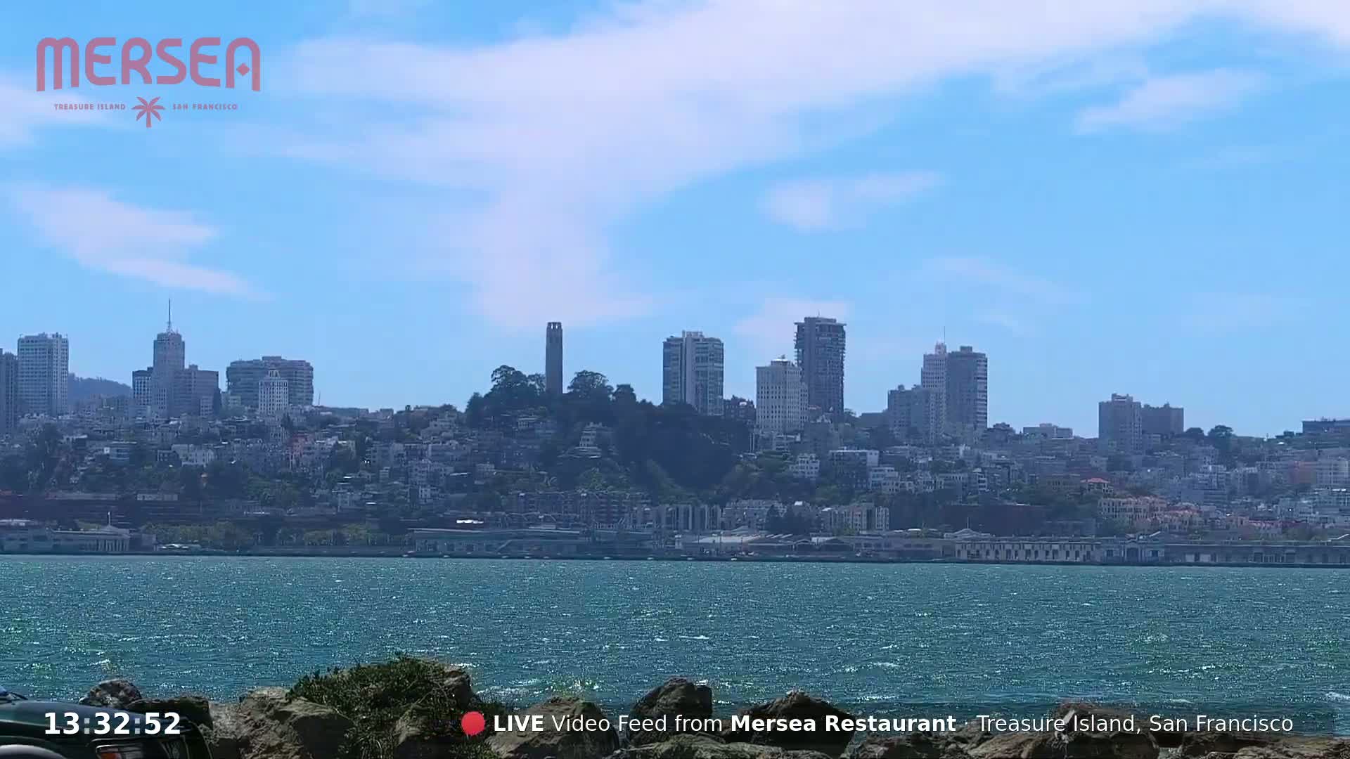 A city skyline, including a tall tower, is visible across a body of water on a partly sunny day with a light breeze.