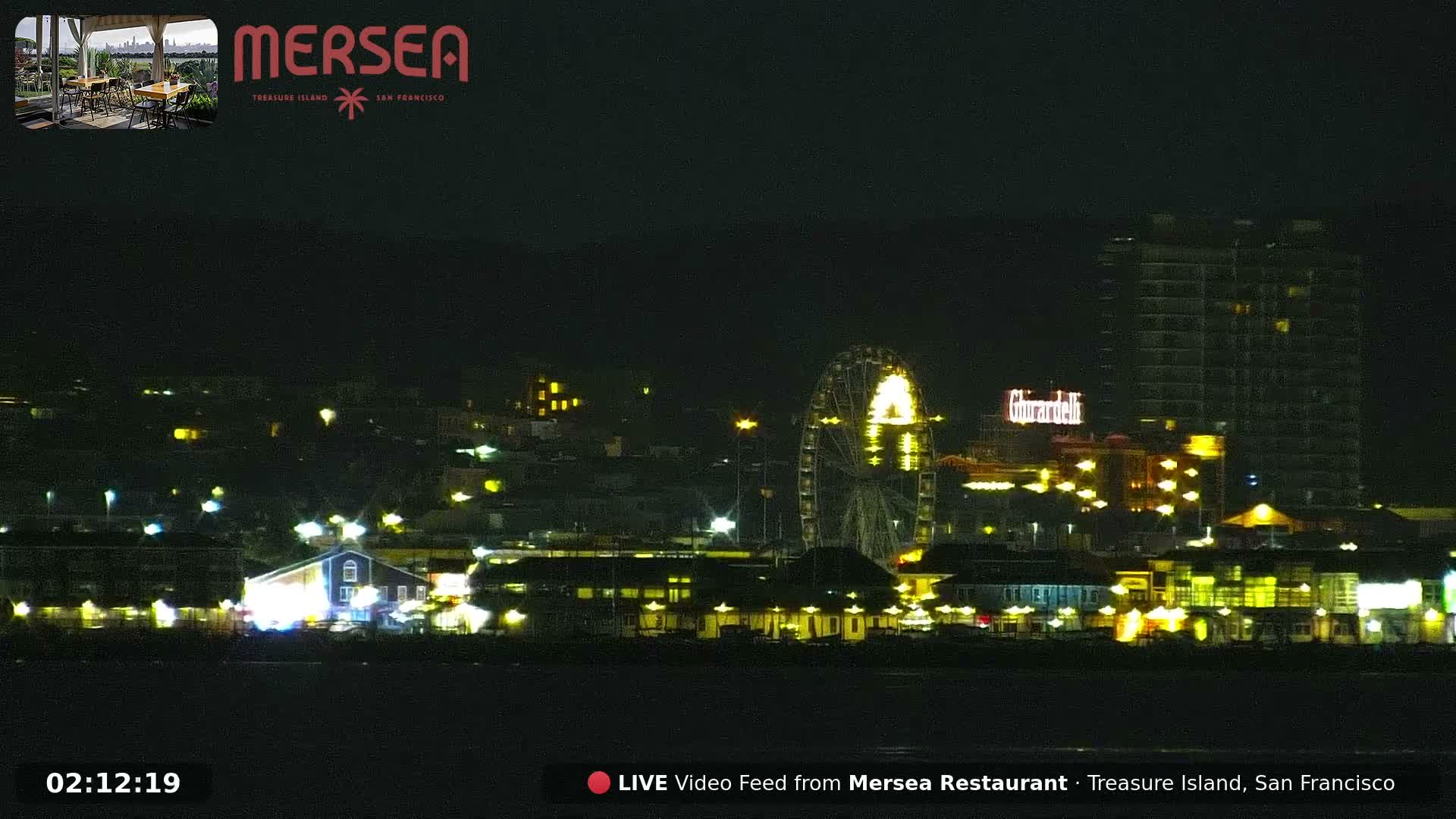 A clear night reveals a city skyline across dark water, illuminated by numerous building lights and a large, brightly lit Ferris wheel.