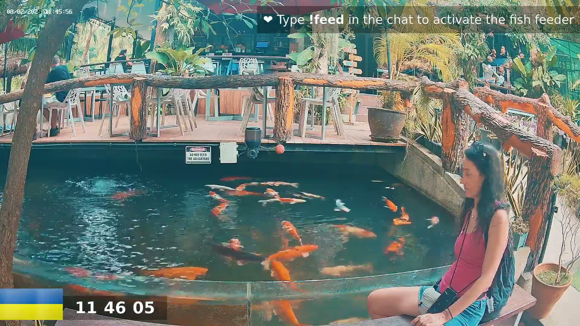 A woman sits near a pond filled with colorful koi fish, next to an outdoor restaurant under a partly sunny sky.