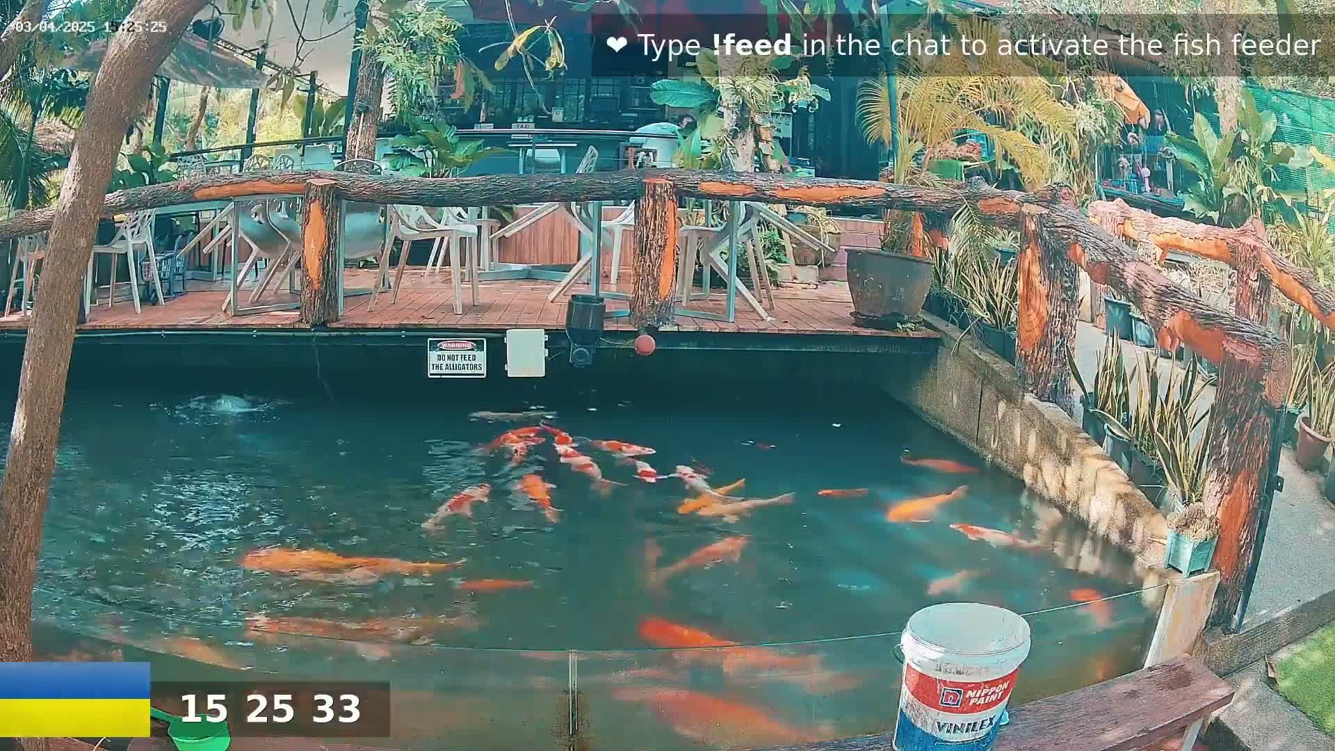 Koi fish swim in a pond next to an outdoor patio with tables and chairs under partly sunny skies.