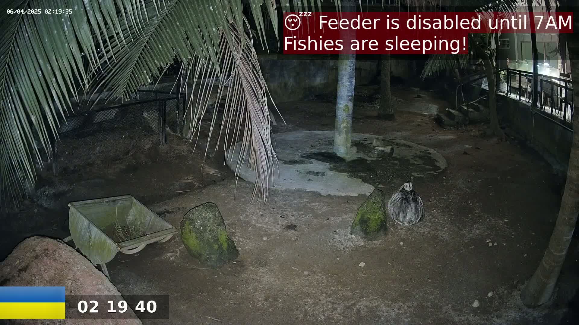 A nighttime outdoor scene shows a bird-like creature near a wheelbarrow and several rocks under palm trees, with a cement circle in the center of the area.
