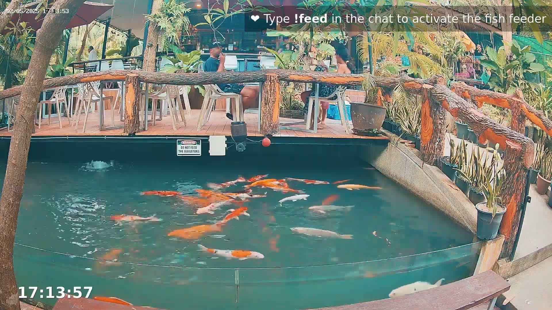 Koi swim in a pond below an outdoor restaurant with wooden railings and several people sitting at tables.